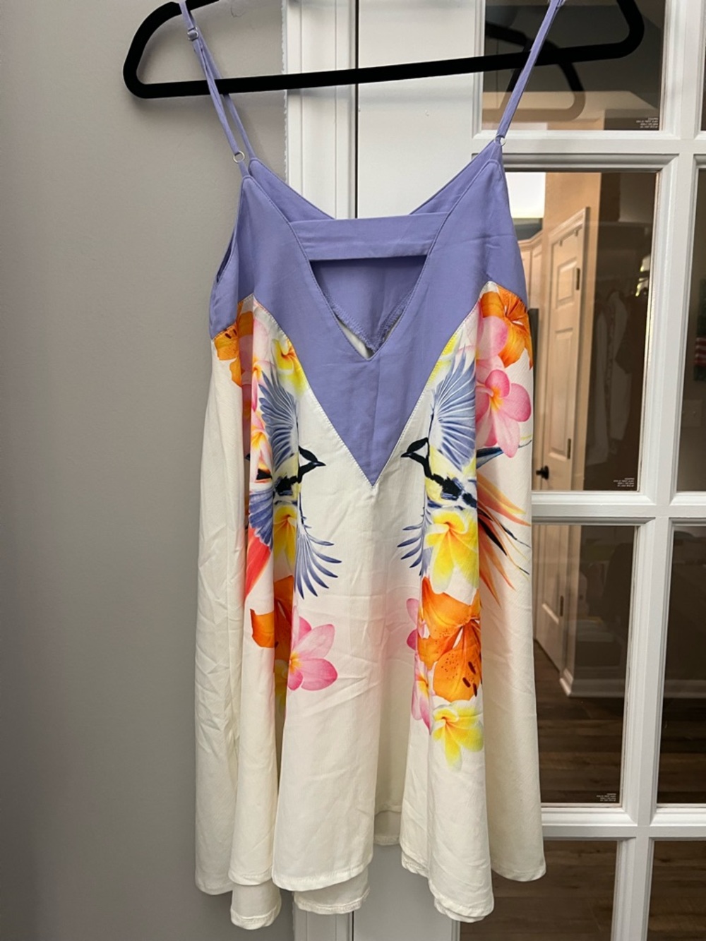 White Floral & Bird Mini Dress with Lavender Bodice size XS NWOT - Picture 7 of 11